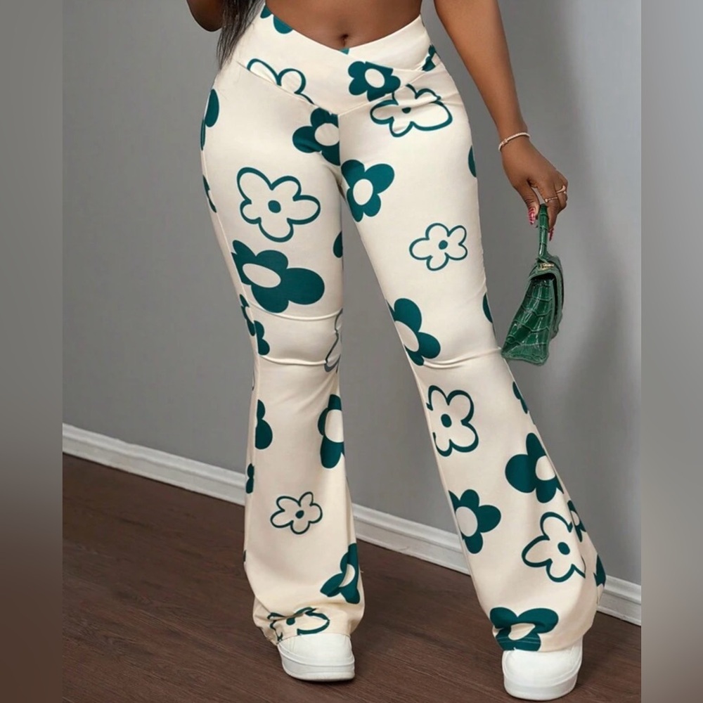SHEIN Cream and Green Floral Flare Pants
